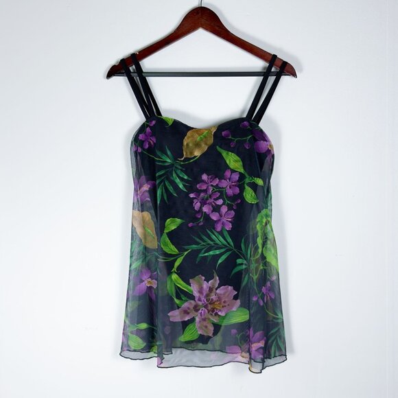 Vintage Other - SOLD Vintage 90s Purple Floral Black One Piece Bathing Suit Mesh Swim Dress